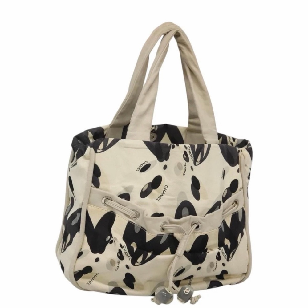 CHANEL Tote Bag Canvas White Black Silver